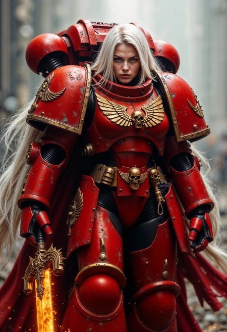 BloodA40K, female space marine wearing a red power armor, her long hair is white, she's holding a glowing sword, <lora:FluxBloodA40K:1> <lora:aidmaHyperrealism:0.5> aidmaHyperrealism