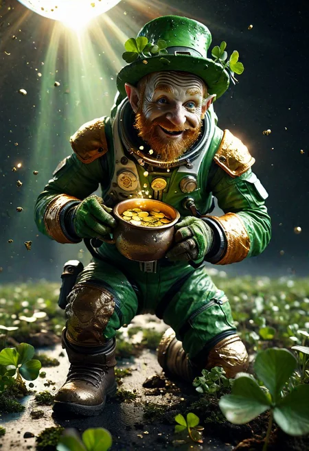 Ultra-realistic space scene, a detailed leprechaun in a weathered spacesuit with intricate patches, expression of surprise, a pot of gold coins spilling out, floating shamrocks catching the light, Earth dominating the background, realistic textures, dramatic lighting, (lens flare:1.1)