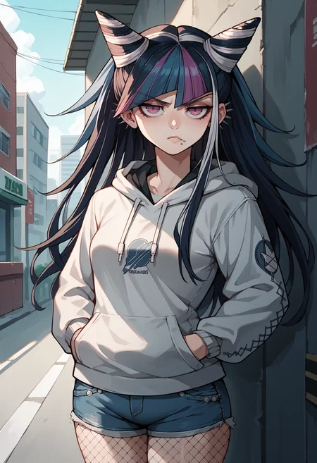 score_9, score_8_up, score_7_up, source_anime, 1girl, cowboy shot, looking at viewer, unamused, half-closed eyes, <lora:IbukiDR-pdxl:1> defIbuki, long hair, multicolored hair, cone hair bun, ear piercing, lip piercing, medium breasts, hoodie, long sleeves, hands in pockets, denim shorts, fishnet pantyhose, outdoors, city