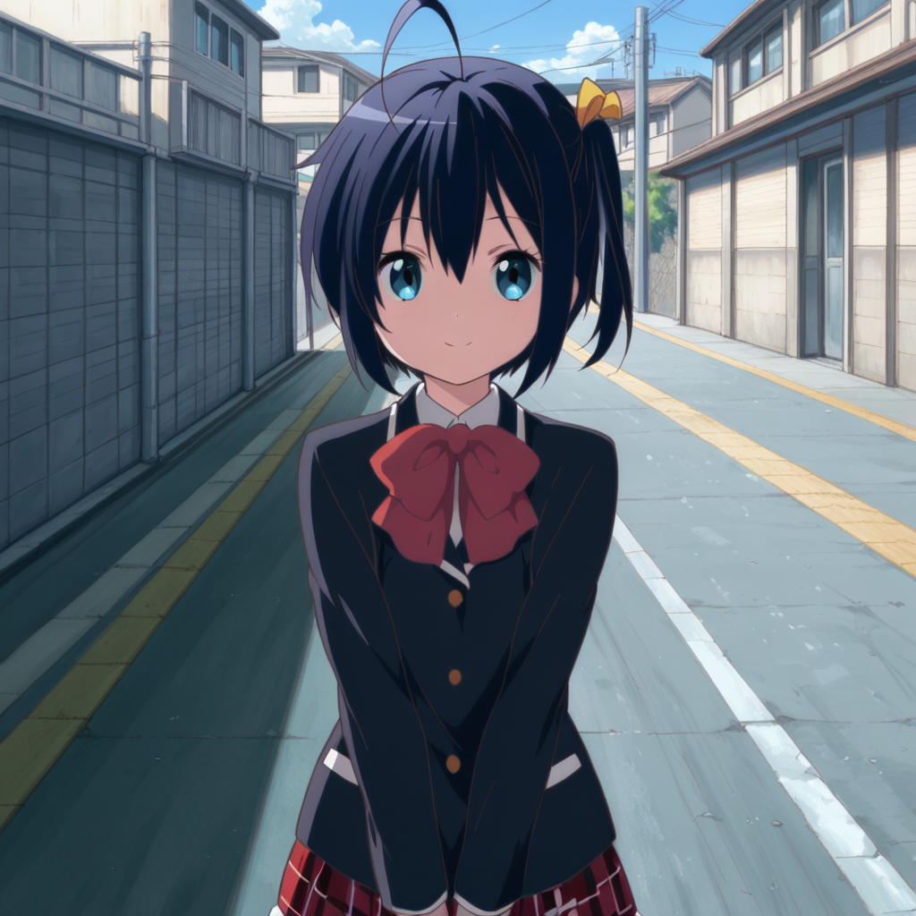 masterpiece, best quality, amazing quality,1girl, solo, love_chunibyo_other_delusions_takanashi_rikka, school uniform, short hair, blue eyes, no eyepatch, plaid skirt, smile, skirt, plaid, black hair, one side up, jacket, ahoge, blazer, looking at viewer, bow, street, outdoors, <lora:Takanashi_Rikka:0.7>
