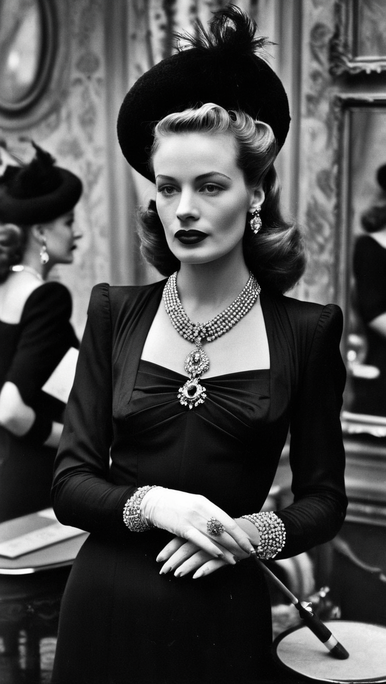 The year is 1947, 1940's style <lora:1940's style:1>, Frenh woman in a rich french cabaret, she is elegantly dressed in 1947 dior dress , she has golden necklace, red lipstick, she has an old school beret on her head, beautiful artistic smoke. She is in a detailed french room, there is a mirror in the room, , monochrome, vintage photo, analog, old photo, black and white photo