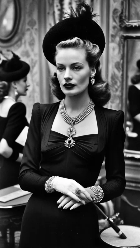 The year is 1947, 1940's style <lora:1940's style:1>, Frenh woman in a rich french cabaret, she is elegantly dressed in 1947 dior dress , she has golden necklace, red lipstick, she has an old school beret on her head, beautiful artistic smoke. She is in a detailed french room, there is a mirror in the room, , monochrome, vintage photo, analog, old photo, black and white photo
