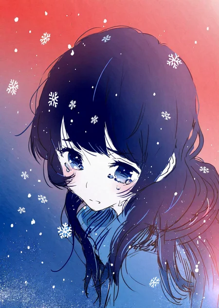 1girl
sad, cry
 blue tone 
snow
 anime
dramatic lighting 
gradient 
pixiv request, pixiv fantasia, pixiv sample, 
by ajimita, 
best quality,