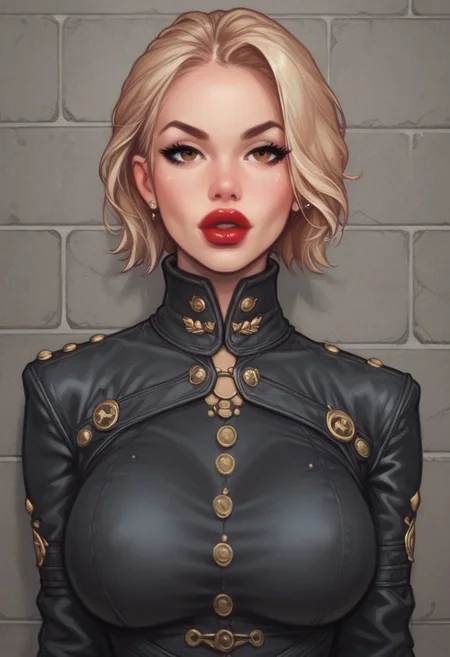 from front, (((front view))), 1girl, illustration, comic style, looking at viewer, highly detailed,
(((front view)))
In a gritty, noir-inspired urban setting bathed in the harsh glow of neon lights, K4TH3R1N3, a striking woman with platinum blonde hair cascading down her back, stands against the cold brick wall of an abandoned warehouse. Her piercing brown eyes are parted, revealing a hint of red lipstick-stained lips as she gazes directly at the viewer, challenging and intriguing in equal measure. The camera angle is low, casting her figure in sharp relief, with the dramatic shadows emphasizing the high collar of her unique outfit: a tailored trench coat made from a shimmering material that catches the light, adorned with intricate, steampunk-inspired metal accents. ((dynamic pose))
((full-clothed)),
BREAK
dynamic pose <lora:Cherry-Gig:0.55> ((((full-clothed)))),
BREAK
((dark room background))) score_9, score_8_up, score_7_up, score_6_up, source_cartoon, rating_explicit, Expressiveh, (((((upper body))))), dynamic pose