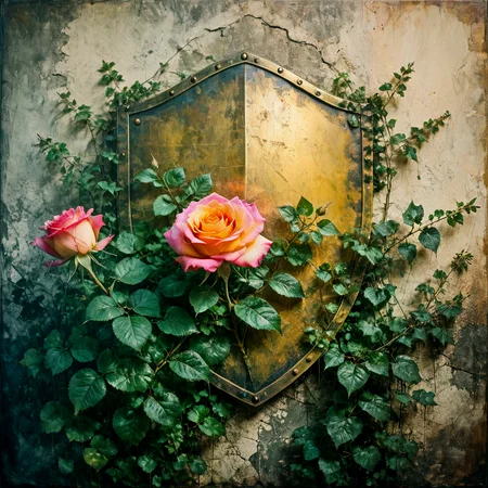 Double exposure. Color gradient. Layered dreamlike art.
A rose. A ancient brass battle shield. Battle-scarred. Ivy climbing a stone wall.
<lora:Screedex01_CE_XL_300-OT:0.6> scrdxCE_style
