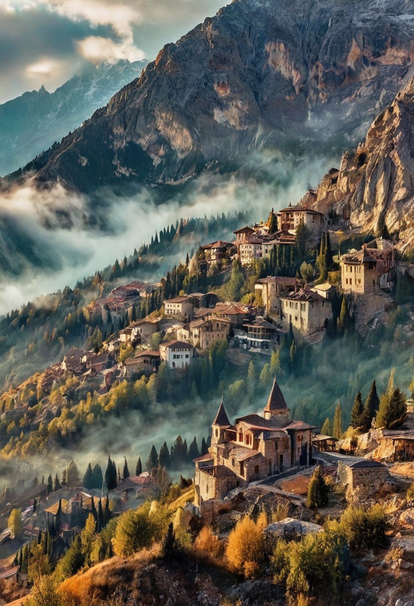their peaks veiled in mist. mixed media, surrealism, great lighting, A surreal landscape highly detailed . extremely high-resolution details,  appears trapped in an optical illusion of reflections and refractions colorful , mountains and village in Turkey, professional photography, natural lighting, volumetric lighting maximalist. intricately detailed, complex, elegant, expansive, fantastical, film photography style,  medium grain
