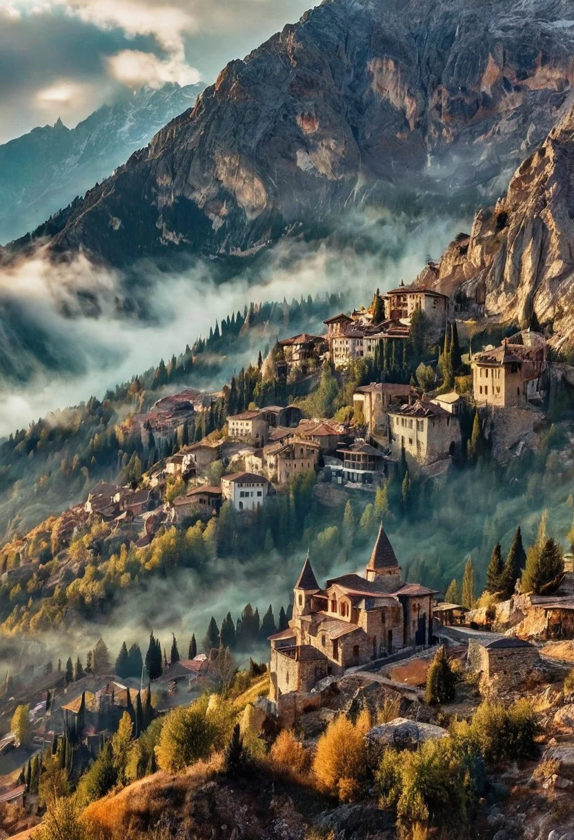 their peaks veiled in mist. mixed media, surrealism, great lighting, A surreal landscape highly detailed . extremely high-resolution details, appears trapped in an optical illusion of reflections and refractions colorful , mountains and village in Turkey, professional photography, natural lighting, volumetric lighting maximalist. intricately detailed, complex, elegant, expansive, fantastical, film photography style, medium grain