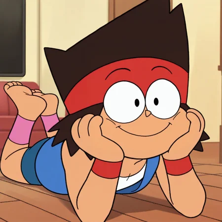 masterpiece, best quality, amazing quality, kaiok, male, human, young, solo, tan skin, brown hair, black eyes, barefoot, short, red headband, red wristbands, blue sleeveless jacket, white tank top, blue shorts, pink legwarmers, laying on floor, on stomach, hands on face, cute smile, indoors, living room