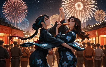masterpiece, best quality, amazing quality, klskx, (nsfw, explicit:0.8), (2girls:1.9), multicolored hair, dark hair, long hair, eyebrows, thick eyelashes, brown hair, kimono, floral print kimono, dark blue kimono, dancing, dynamic pose, outdoors, looking up, night sky, fireworks, festival, crowd, food stalls, warm lighting, stars, summer, (dark shadows:0.9), (high contrast:0.9), volumetric lighting, intricate details, blurry background, depth of field <lora:spo_sdxl_10ep_4k-data_lora_webui:2.0> <lora:illustriousXL_stabilizer_v1.23:1.0> <lora:illustrious_quality_modifiers_masterpieces_v1:0.6> <lora:klskx_wai:0.7000000000000001>