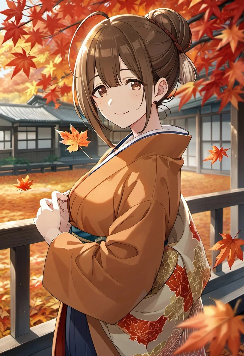 score_9, score_8_up, score_7_up, source_anime, kuwayama chiyuki, brown hair, brown eyes, long hair, 1girl, solo, outdoors, autumn leaves, looking at viewer, smile, shawl, ahoge, leaf, single hair bun, japanese clothes, autumn, holding, hair bun