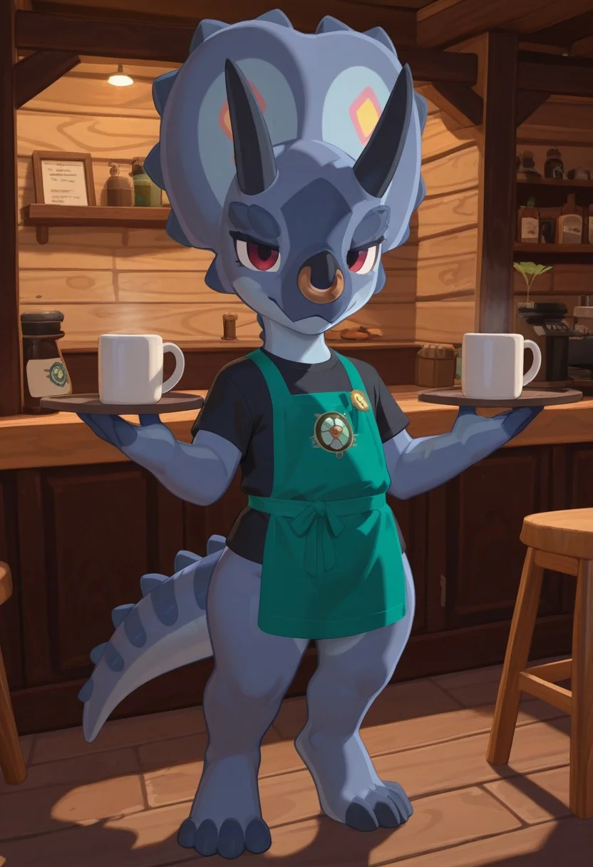 1boy, highres, absurdres, newest, masterpiece, best quality, scales, tail, standing, seductive look, detailed eyes, bright room, professional lighting, solo, seductive, looking_at_viewer, masterpiece, close up, explicit, aggressive look, house, sexy pose, Atlas, male, Torosaurus, blue skin, dark red eyes, 3 fingers, 4 toes, black t-shirt, apron, horns, nose ring, skirt, femoboy, tall, furry, smooth skin, bodyscape, sexy pose, barista, coffee shop, holds a tray with a mug of coffee in his hand