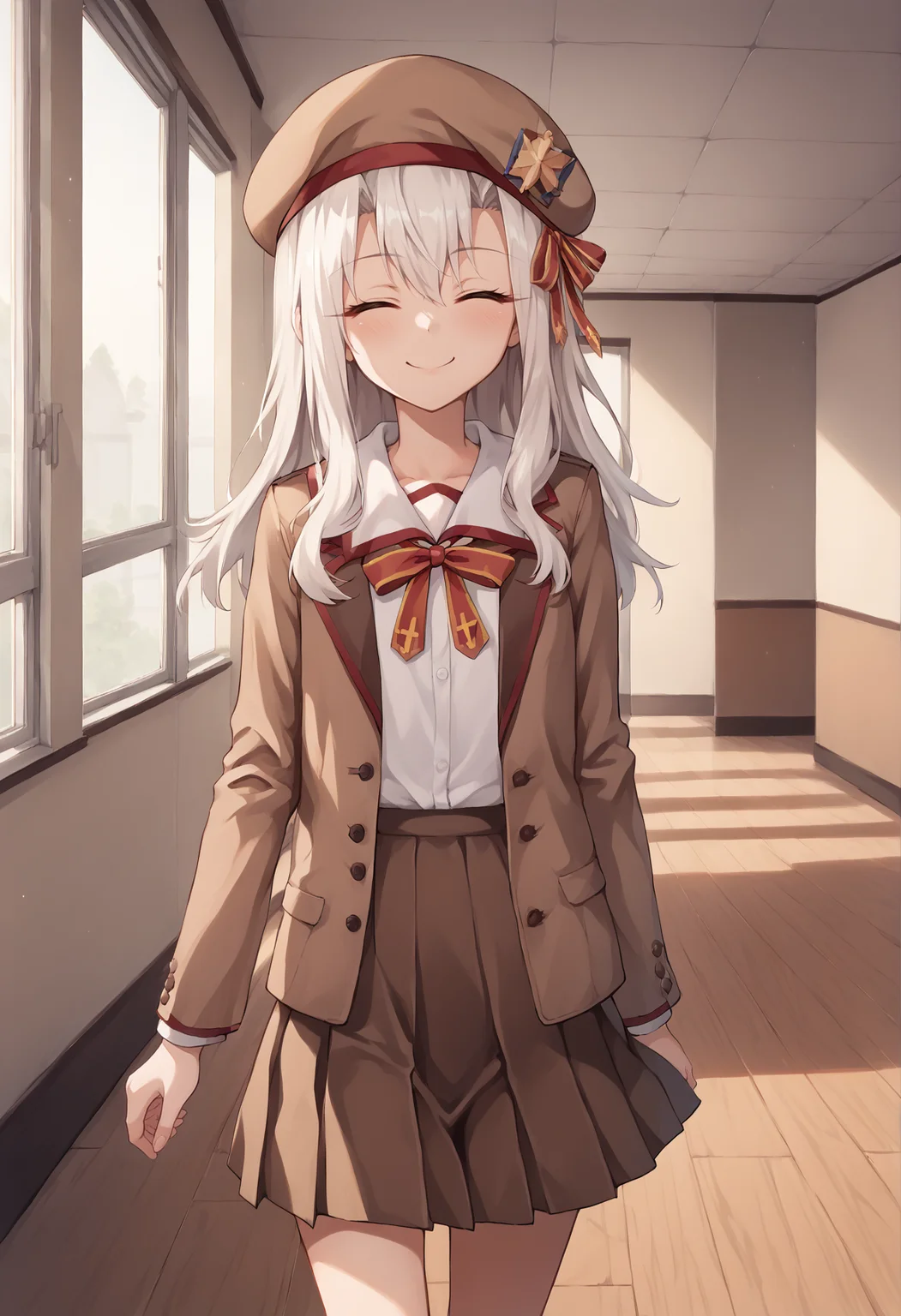 1girl, white hair, red eyes, long hair, neck ribbon, school uniform, brown skirt, shirt, brown blazer, beret, standing, indoors, school, walking, smile, closed eyes. cowboy shot <lora:Illya_IQ2:1> <lora:Kuro_XL:1>, score_9, score_8_up, score_7_up, score_6_up, score_5_up, score_4_up, BREAK source_anime, masterpiece