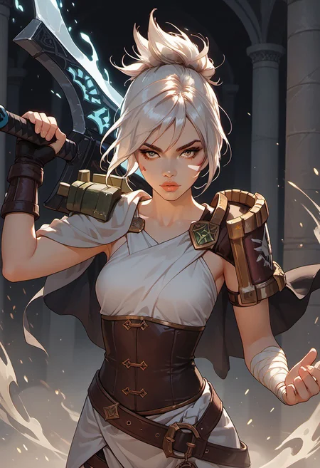 masterpiece,best quality, highly detailed, score_9, score_8_up, score_7_up, score_6_up, score_5_up, score_4_up, solo, rvn, white hair, short hair, ponytail, rvn, short hair, ponytail, facial mark, eyeshadow, top, criss-cross halter, single pauldron, shoulder armor, single glove, bandaged arm, corset, belt, skirt, single greave, (huge weapon, sword, broken weapon, magic), ((action pose)), (tanned skin), Expressiveh, 30yo, adult lustful confident woman, petite, slender body, perky saggy natural breasts, full lips, bangs, sidelocks, straps,
chinese magical sorceress, animated, swirling magic, wisps of magic, dancing pose, tight squeezed outfit, magical accessories, evoking motion, conveying motion, dynamic splash art