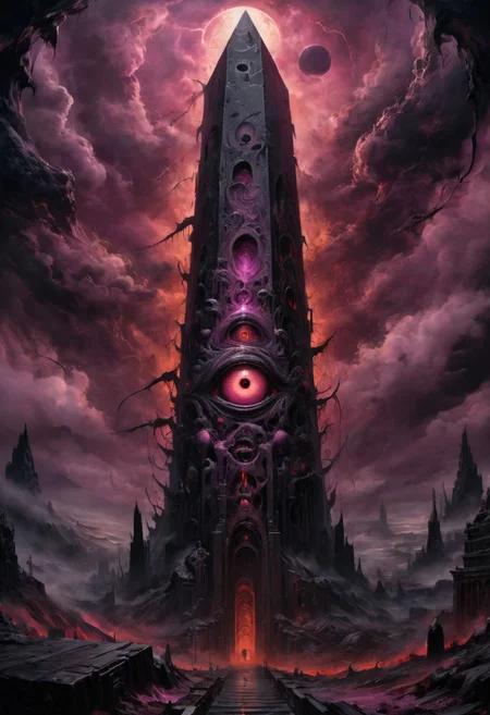 close view on obsidian obelisk, complicated architecture, horror atmosphere, EdobHorrorLandscape, purple veins on obelisk, huge eye above, it watches, something lurks in the dark, sphere in the sky many eyes looking from it, dark night, very busy sky, storm, dim fog, atmospheric, (red glow), romantic impressionism, absurdres, scenery art, matte painting, horror, beautiful digital painting, anime landscape, scary painting, paintlike, dreamy,