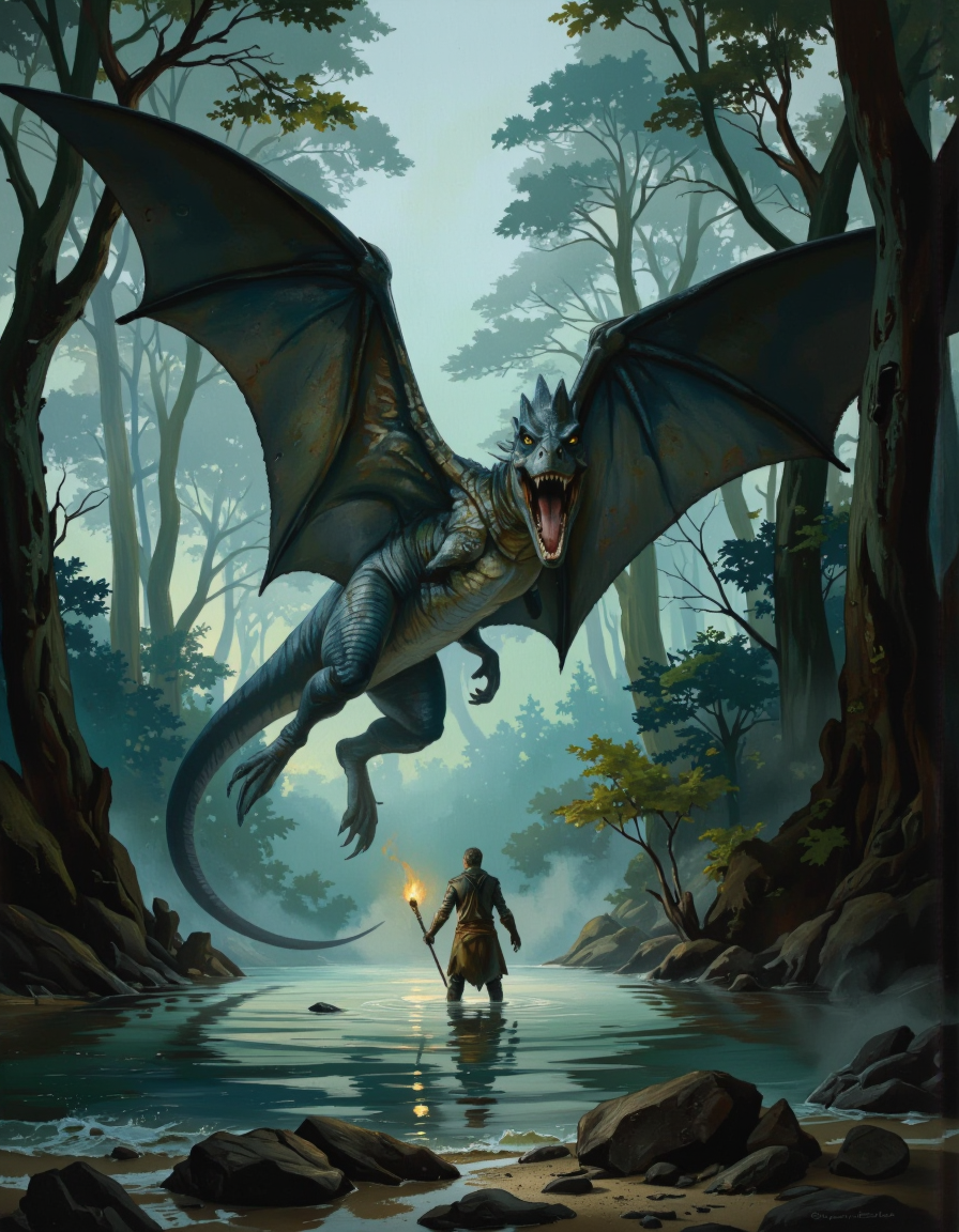 A dramatic, dark fantasy scene featuring a large, menacing PTEROSAURS emerging from a misty forest, with a warrior standing in the water, holding a torch in his right hand. the water is calm and still, reflecting the light from the torch, and the warrior is standing with his back to the viewer, looking up at the creature with a sense of awe and wonder. Intricate lighting.