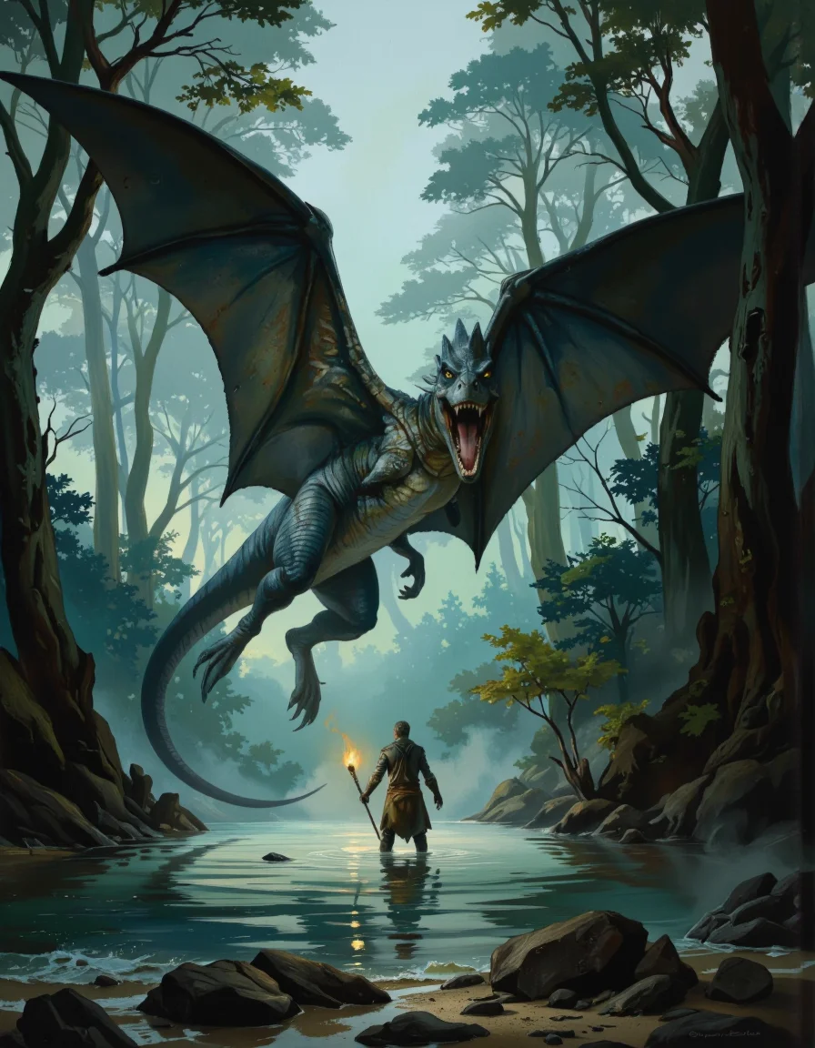 A dramatic, dark fantasy scene featuring a large, menacing PTEROSAURS emerging from a misty forest, with a warrior standing in the water, holding a torch in his right hand. the water is calm and still, reflecting the light from the torch, and the warrior is standing with his back to the viewer, looking up at the creature with a sense of awe and wonder. Intricate lighting.