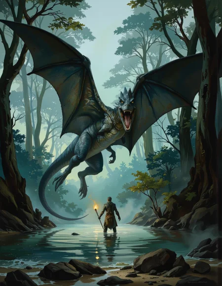 A dramatic, dark fantasy scene featuring a large, menacing PTEROSAURS emerging from a misty forest, with a warrior standing in the water, holding a torch in his right hand. the water is calm and still, reflecting the light from the torch, and the warrior is standing with his back to the viewer, looking up at the creature with a sense of awe and wonder. Intricate lighting.