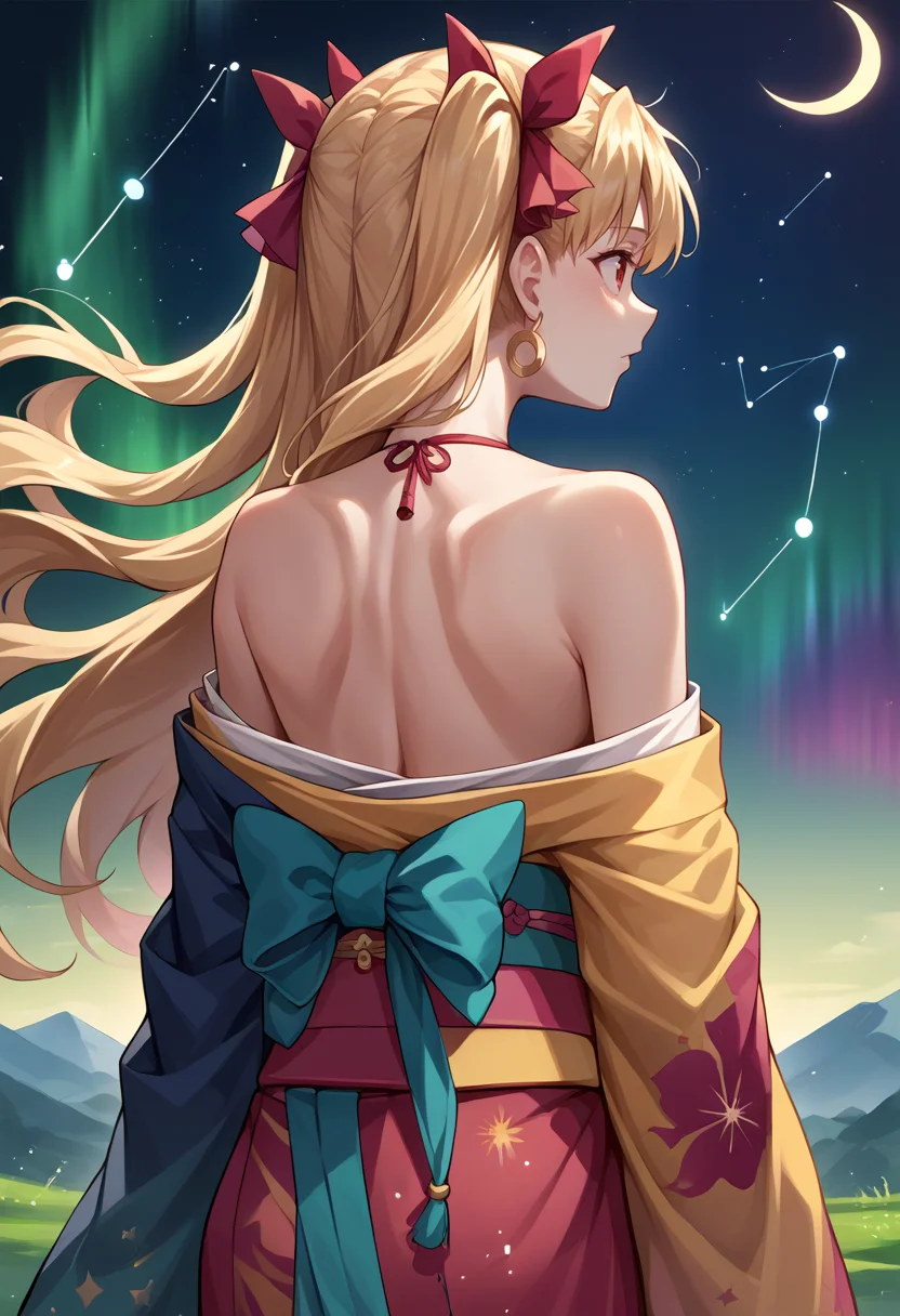 score_9, score_8_up, source_anime, Ereshkigal, two side up, hair ribbon, aurora, back, bare back, bare shoulders, bow, constellation, crescent moon, from behind, hair ornament, kimono, light particles, long sleeves, off shoulder, <lora:CHAR-EreshkigalPonyXL:1>