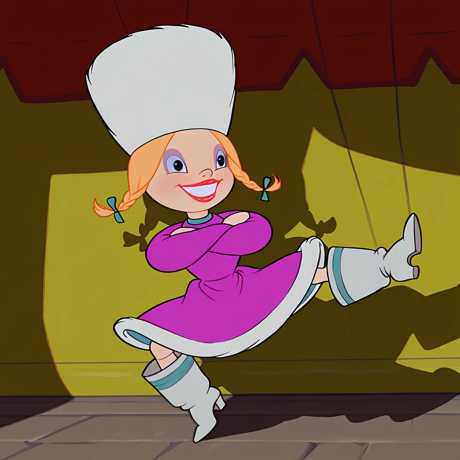absurdres, 8k, high resolution, masterpiece, best quality, absolutely fantastic art, amazing quality, very aesthetic,1girl, solo, full body, <lora:dancingpuppets>,russian, blonde hair,purple dress,  boots, twin braids, hat, makeup, crossed arms, red lips, grin, kicking, puppet srings