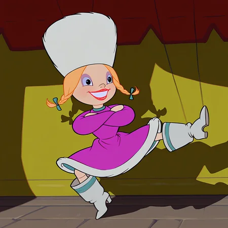 absurdres, 8k, high resolution, masterpiece, best quality, absolutely fantastic art, amazing quality, very aesthetic,1girl, solo, full body, <lora:dancingpuppets>,russian, blonde hair,purple dress, boots, twin braids, hat, makeup, crossed arms, red lips, grin, kicking, puppet srings