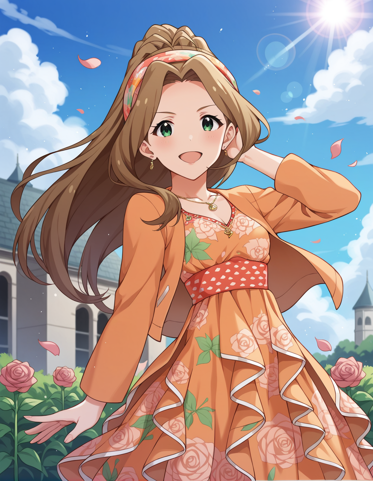 score_9, score_8_up, score_7_up, source_anime, rating_explicit, BREAK <lora:chizuruNikaidou_XL-Pony_LoRA-C3Lier_16-16-8-8_AdamW_Un3e-4_Te1.5e-4_10batch:>, nikaidou chizuru, 1girl, green eyes, brown hair, high ponytail, long hair, very long hair, small breasts, print hairband, hairband, necklace, jewelry, orange jacket, print dress, floral print, long sleeves, smile, happy, looking at viewer, hand in own hair, wind, floating hair, mansion, rose, garden, petals, blue sky, cloud, sunlight, lens flare