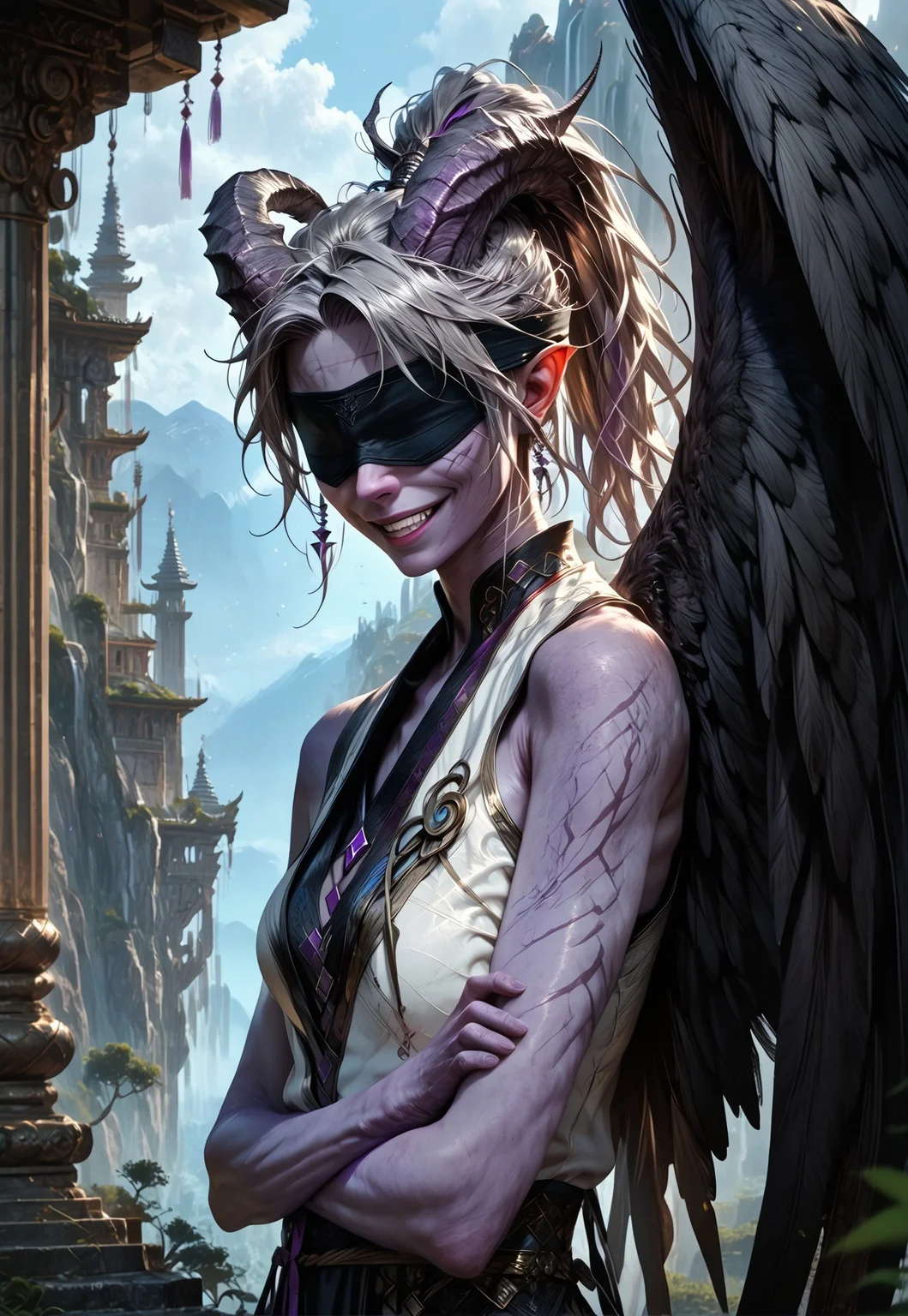(absurdres, best quality, masterpiece:1.4), 
score_9, score_8_up, score_7_up, score_6_up, 
detailed, 
detailed body, 
detailed face, 
(((smooth skin, unbroken skin, detailed skin))), 
fantasy, 
alone, 

female, 
tiefling, 
h0rns, 
ram horns, 
black horns, 
tall, 
((((purple skin)))), 
((long grey hair, ponytail)), 
(((wingsd, black wings))),

crossed arms, arms across stomach, 
soft smile,

(white robe, sleeveless, 
blindfold, black cloth blindfold), 

depth of field, 
outdoors, 
mountain temple, 
upper body