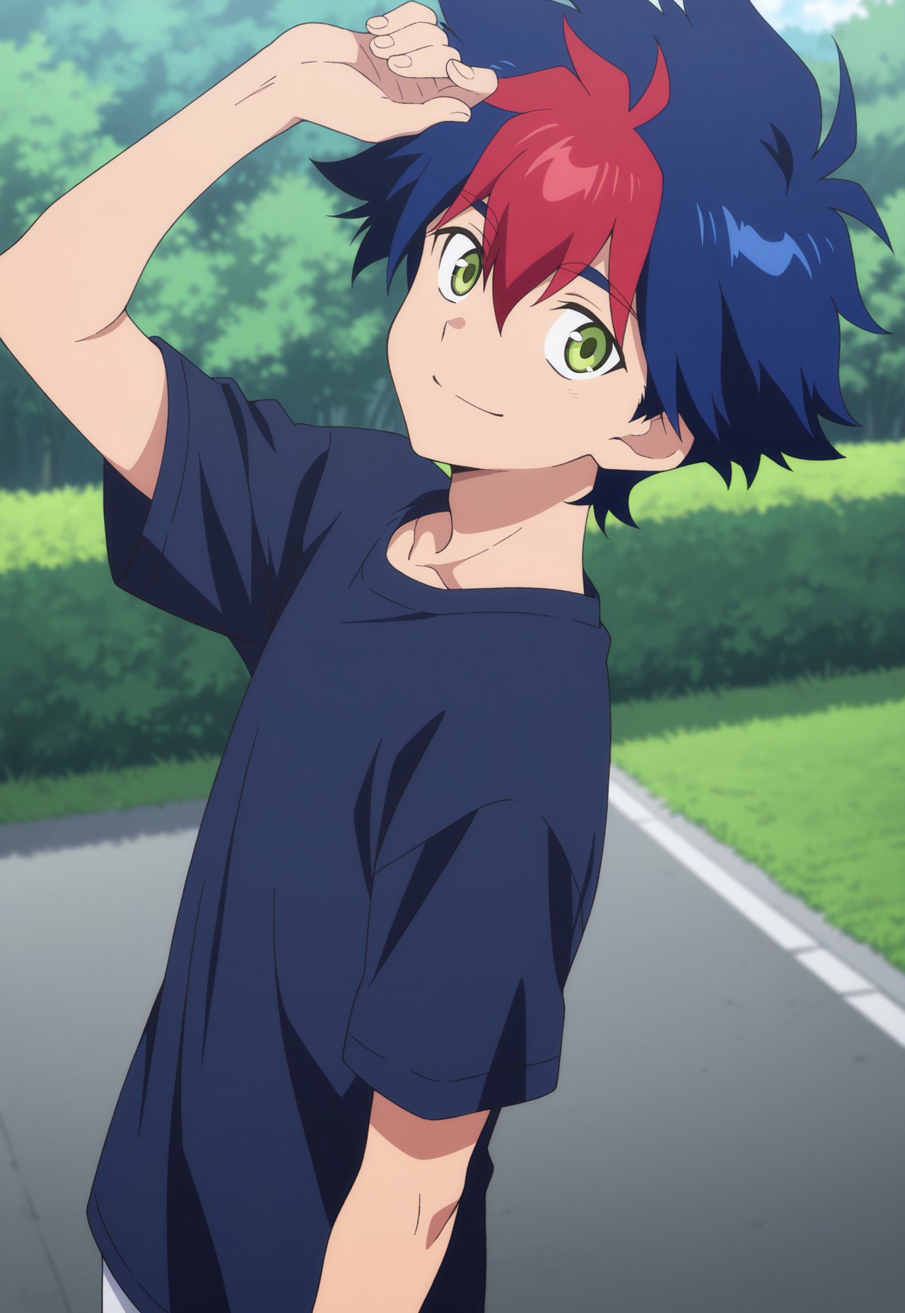 masterpiece,best quality,amazing quality, source_anime,

RaitoTenryu, 1boy, male focus, solo, green eyes, multicolored hair, blue hair, red hair, t-shirt, outdoor, smile,