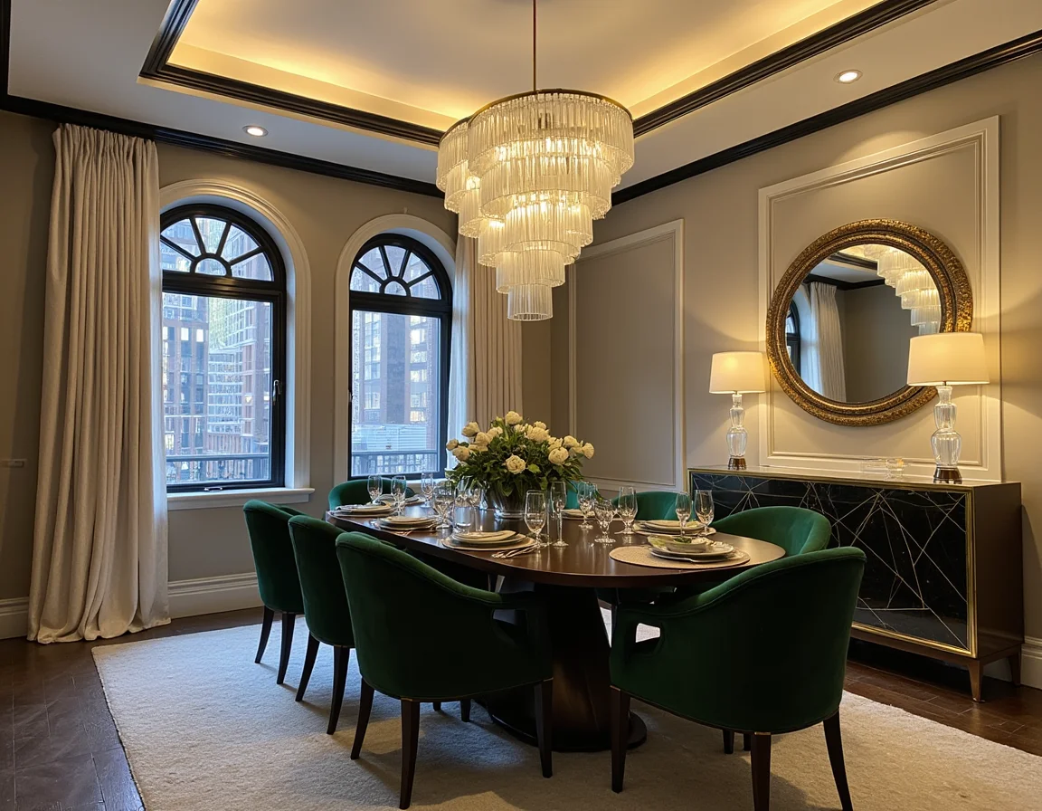 A sophisticated dining room with subtle Art Deco influences, located in a luxurious New York City apartment, featuring arch-top windows framing a glittering cityscape at night. The room exudes timeless elegance with its rich materials, geometric motifs, and a warm, intimate ambiance.
The dining table, a sleek oval design in dark, polished wood, stands at the center of the room. Surrounding it are upholstered dining chairs in a deep emerald green velvet, with brass accents that echo the glamorous Art Deco aesthetic. The table is set with fine dinnerware and a low, elongated centerpiece of fresh white roses and greenery.
Above the table hangs an opulent chandelier, a modern take on Art Deco lighting, featuring cascading tiers of frosted glass and brass. The chandelier's warm, golden glow bathes the room in soft light, highlighting the subtle textures and details throughout.
The arch-top windows are framed with sheer, floor-to-ceiling drapes in a soft cream color, allowing glimpses of the twinkling city lights while maintaining a sense of privacy. The dark trim around the windows adds a bold, architectural contrast to the roomâs light palette.
The walls are painted in a soft taupe, with understated Art Deco paneling that adds depth and sophistication. A console table with a marble top and gold geometric inlays sits against one wall, adorned with a pair of sleek, sculptural table lamps and a statement mirror with a sunburst frame.
The flooring is dark-stained herringbone wood, enhancing the room's classic charm. A plush area rug in a neutral tone anchors the space and adds warmth underfoot. The overall color scheme balances rich, dark tones with lighter elements to create a harmonious, luxurious feel.
<lora:iphone-dev-6:1> iphone photo