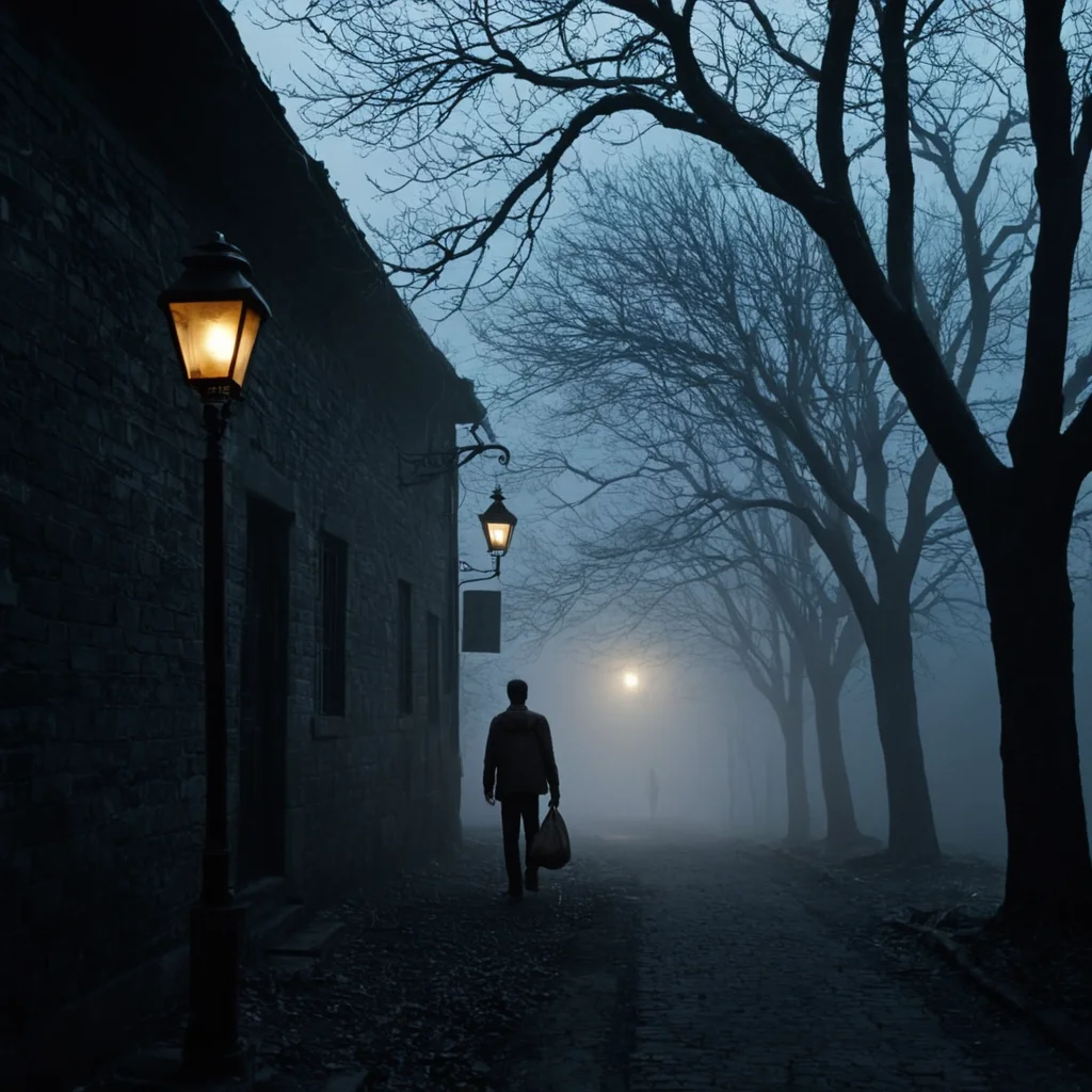 cinematic film still of <lora:Sharp detailed high quality image style v1:1>
Sharp detailed high quality image of a man walking down a dark alley with a bag, detailed background, 12K, high megapixel, realistic, realism, different, raw image, sharp style, 1boy, holding, outdoors, from behind, tree, night, glowing, 1other, scenery, forest, walking, lantern, silhouette, road, lamp, light, dark, house, lamppost, bare tree, fog, holding lantern
, shallow depth of field, vignette, highly detailed, high budget, bokeh, cinemascope, moody, epic, gorgeous, film grain, grainy