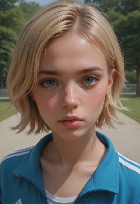 score_9, score_8_up, score_7_up, score_6_up, score_9, score_8_up, score_8, ((portrait, close up, face focus)), 1 girl, 18 year old girl, ((mean expression, closed lips)), leu_hanna2, ((freckles)), blonde short hair, flat chest, perfect round boobs , cute sweet girl, beautiful woman , slim legs, pouty lips, dynamic view, blush,
shy, arched back, wearing sport outfits, jacket, park