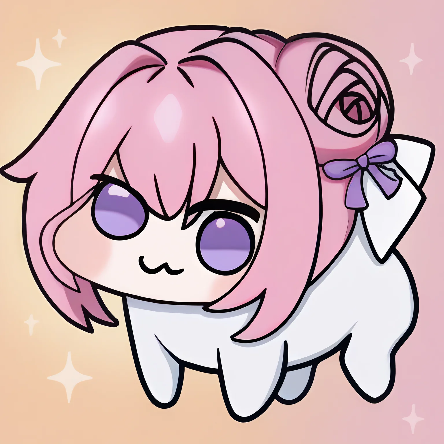 <lora:Doro_X_PDXL_V1:1> doro, creature, :3, chibi, pink hair, purple eyes, hair bun, hair bow