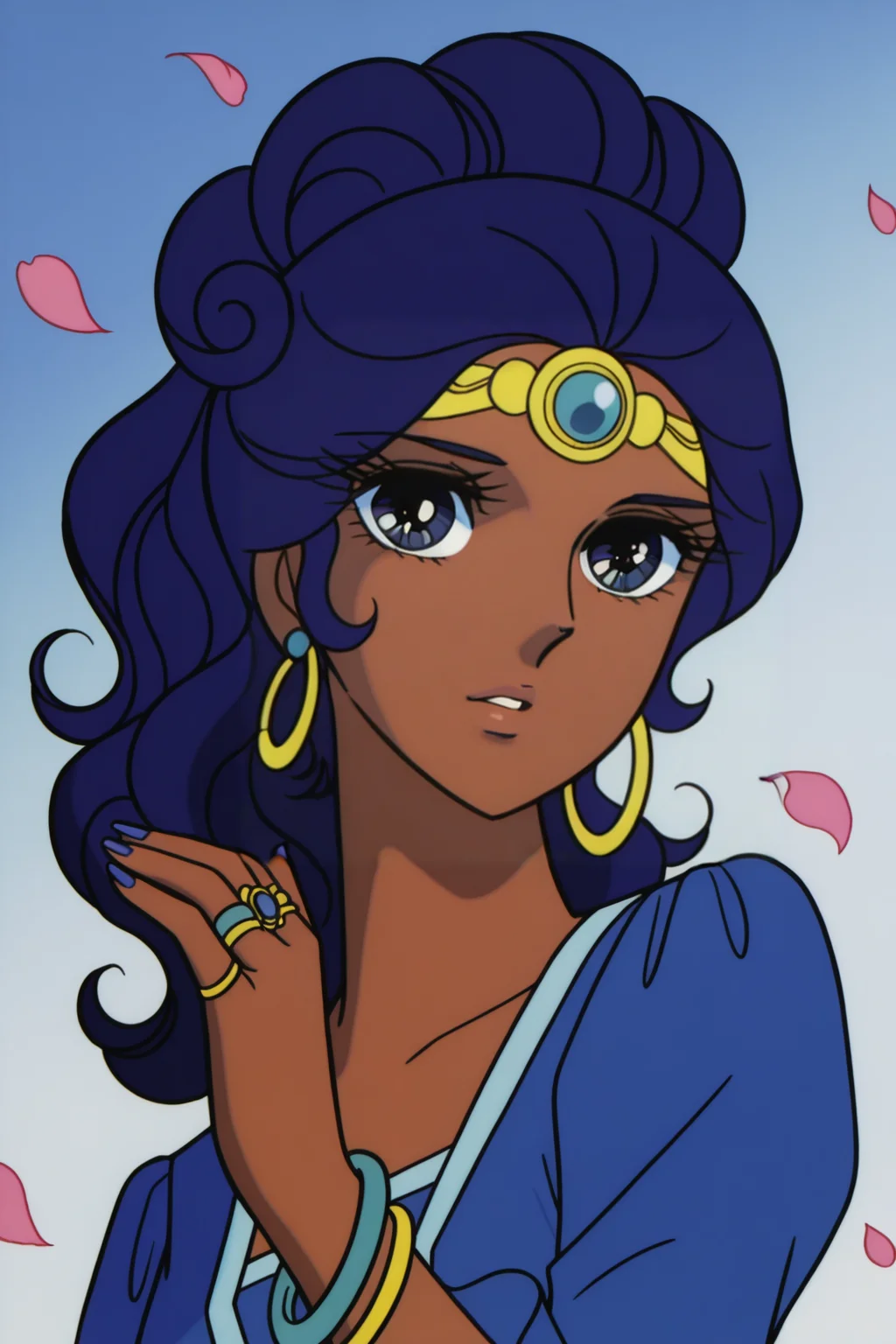 <lora:VersaillesnoBara:1>, VersaillesnoBara, retro artstyle, 1girl, jewelry, solo, dark-skinned female, dark skin, earrings, long hair, blue hair, ring, dress, blue nails, curly hair, wavy hair, looking at viewer, parted lips, bracelet, petals, nail polish, blue dress, hand up, from side, grey eyes, multiple rings, blue eyes, blue theme, hoop earrings, piercing, fingernails, circlet
