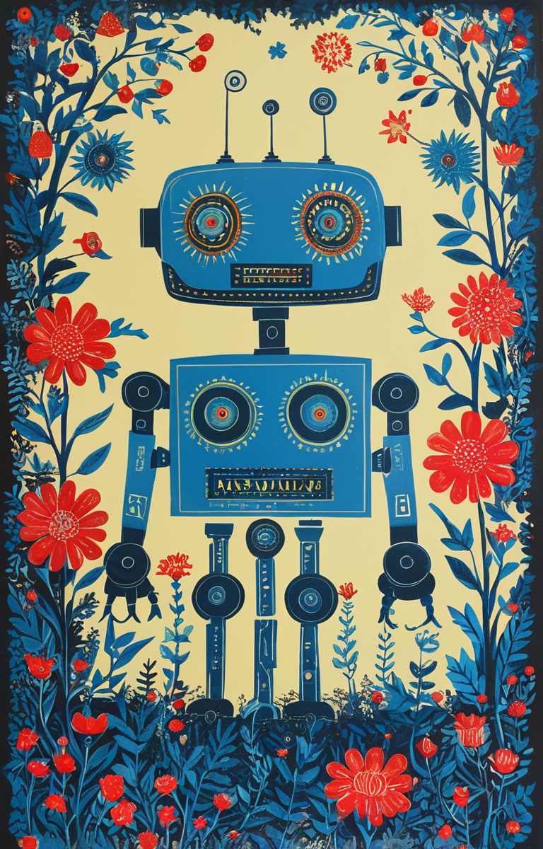 masterpiece,best quality,<lora:tbh151-sdxl:0.8>,illustration,style of Rob Ryan, portrait of robot