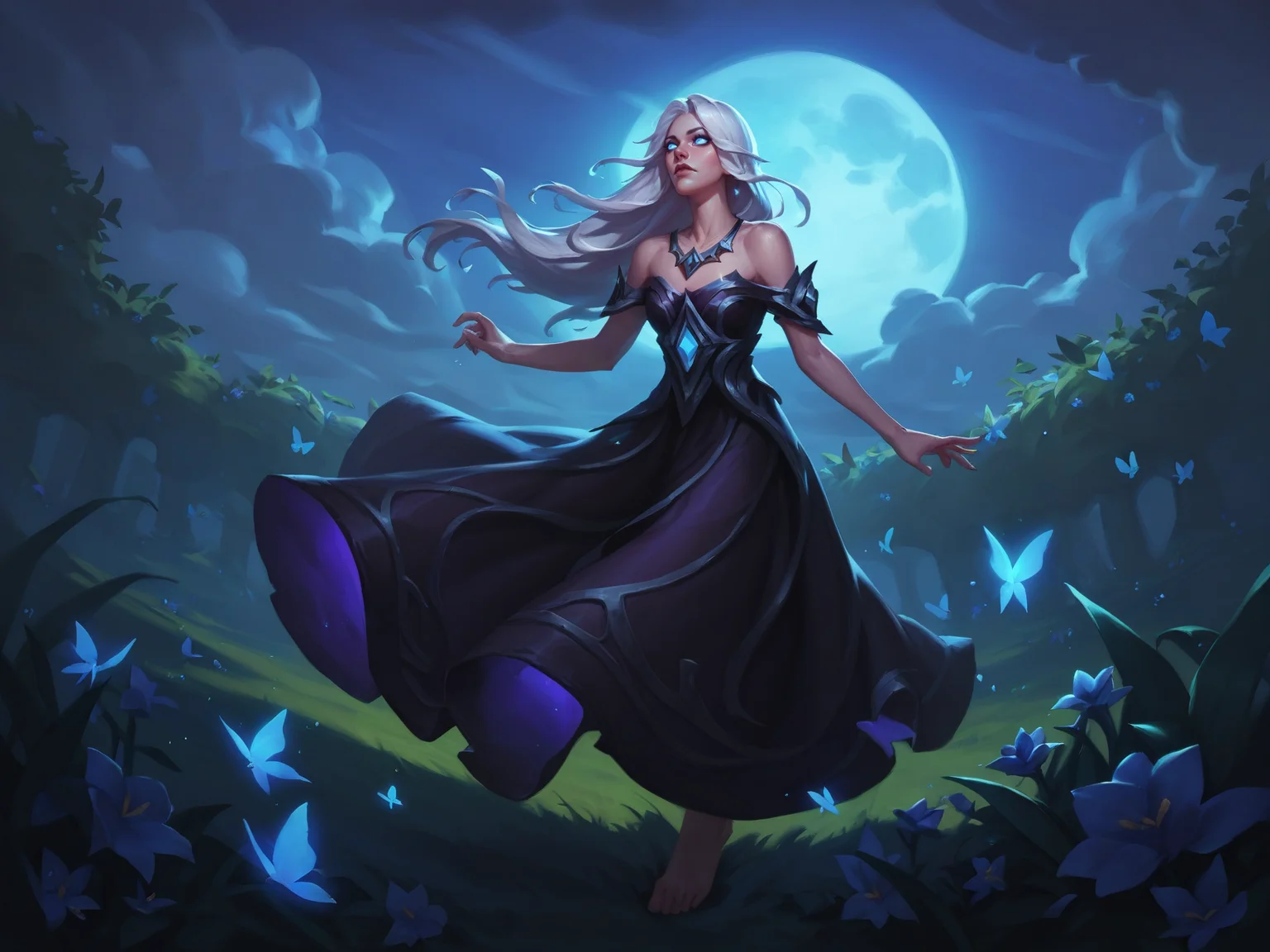 1girl, alune_\(league_of_legends\), white hair, long hair, blue eyes, dress, black dress|purple dress, multicolored dress, bare foot, bare shoulders, collarbone, necklace, flower field, night, shade, clouds, moonlight, moon, blue grass, flowers, blue butterfly, front view, fluttering hair, <lora:HearthstoneXL:0.8>, score_9, score_8_up, score_7_up, score_6_up