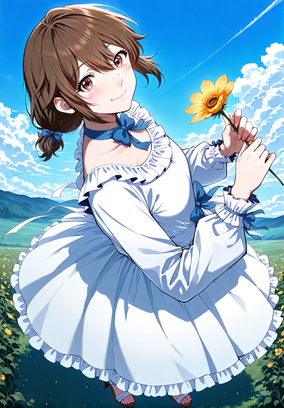 <lora:Eleanor_Leywin__The_Beginning_After_the_End__Illustrious:1>
1 girl, solo, brown hair, brown eyes, bangs
white dress, long sleeves, blue bowtie, hair between eyes, hair bow, short hair, high heels, sandals, frills, twintails
score_9, score_8_up, score_7_up, very aesthetic, source_anime, detailed, high quality, beautiful, masterpiece, detailed eyes, highres, best quality, masterpiece, outdoors, looking at viewer, blush, smile, holding flower, from above, floating, blue sky, <lora:iLLMythG0thicL1nes:1>