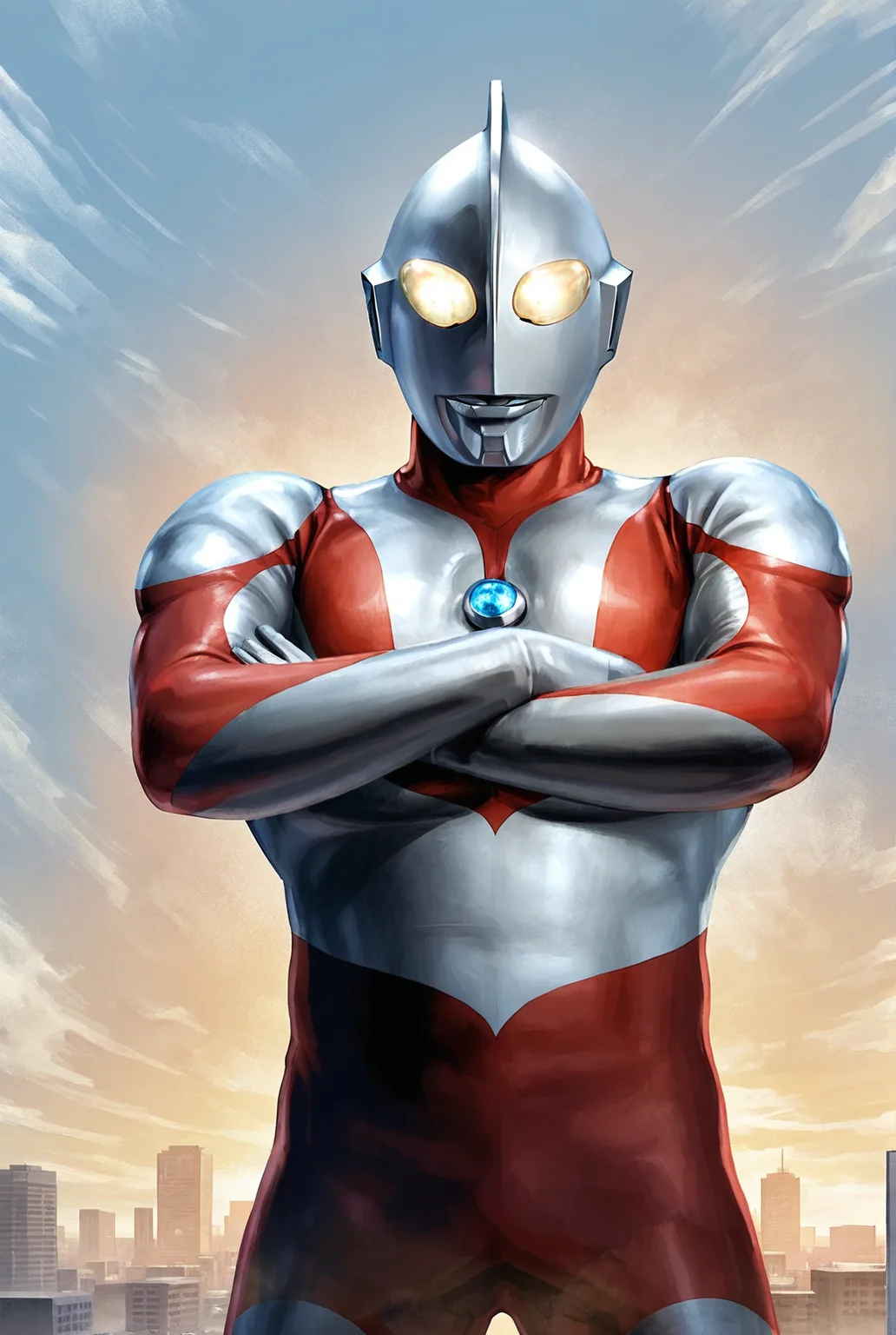 score_9,score_8_up,score_7_up,best quality,ultra-detailed,high resolution,digital painting,8k,1boy,solo,cowboy shot,male focus,bara,detailed face,tokusatsu,alien,bodysuit,yellow eyes,no humans,standing,crossed arms,giant,sky,cityscape,<lora:add-detail-xl:1>,<lora:Ultraman:0.8>,ultraman,