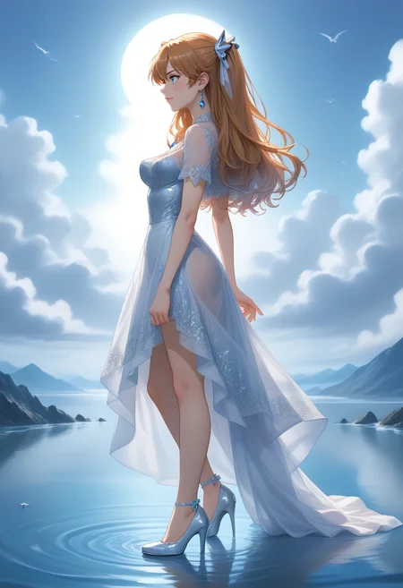 1girl, solo, full body, short sleeves, outdoors, clouds, high heels, from side, blue sky, see-through, profile, lace-trimmed dress, bird, ocean, white footwear, cloudy sky, reflection, diamond \(gem\), horizon, glass slipper, ripples, see-through silhouette, standing on water, Asuka Langley, diamond dress, diamond earrings, diamond hair ornament, diamond bracelet, large breasts, swooping breasts, smile, blush <lora:SDXL_Hyper:1> <lora:Timm_Style_XL:0.8> <lora:breasts++-PD-swooping-1.0:1> <lora:WAYGDLT:1>
