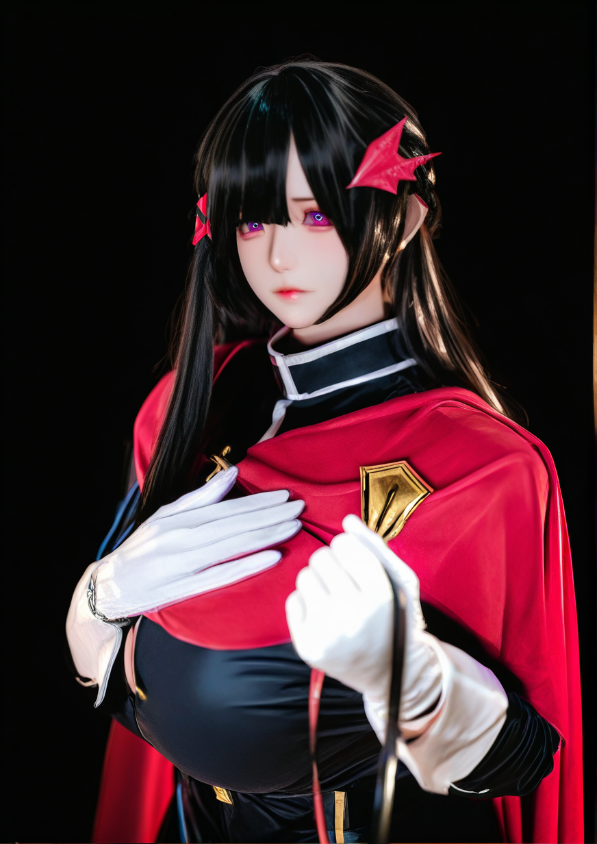 <lora:ééå²è¯Baldr_Shizuno:1.1>,1girl, yamashiro ren, huge breasts, anti-demon corps uniform, black background, black dress, black hair, breasts, cape, closed mouth, dress, gloves, hair ornament, holding, holding leash, leash, long hair, long sleeves, looking at viewer, pov, purple eyes, red cape, solo, upper body, viewer on leash, white gloves, 
very awa, masterpiece, best quality, newest, highres, absurdes,amazing quality