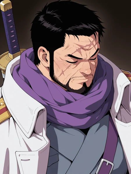 Issho masterpiece, best quality, amazing quality, 1 boy, male focus, solo, Issho, facial hair, short hair, beard, closed eyes, Scars on the face, black hair, Military uniform, purple scarf, sword