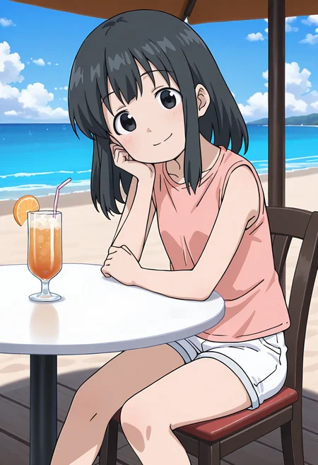 best quality, amazing quality, perfect quality, high quality, masterpiece, absolutely eye-catching BREAK
<lora:Ika_Musume_-_Ayano_Watanabe:1> IkaAyano, black eyes, black hair, medium hair, long sidelocks, wispy bangs BREAK
pink shirt, sleeveless, white shorts, white sandals BREAK
outdoors, beach, ocean, blue sky, cafe, table, drink BREAK
1girl, solo, sitting, on chair, head tilt, smile, looking at viewer, cowboy shot