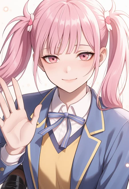 <lora:Li Tianxi School Uniform2:0.8>,15_Li Tianxi School UniformWoman,long hair,bangs,twintails,pink hair,side ponytail,pink eyes,shirt,ribbon,holding,twintails,medium breast,light skin,1girl,school uniform,blue jacket,white shirt,collared shirt,neck ribbon,school uniform,jacket,long sleeves,miniskirt,pleated skirt,black shoes,white socks,
masterpiece,best quality,intricate details,gothic fantasy,upper body portrait,dramatic pose,confident gaze,cinematic lighting,(clean background,glowing magical particles:1.3),(detailed face:1.3),vibrant colors.,
upper body,waving at viewer,close to face,