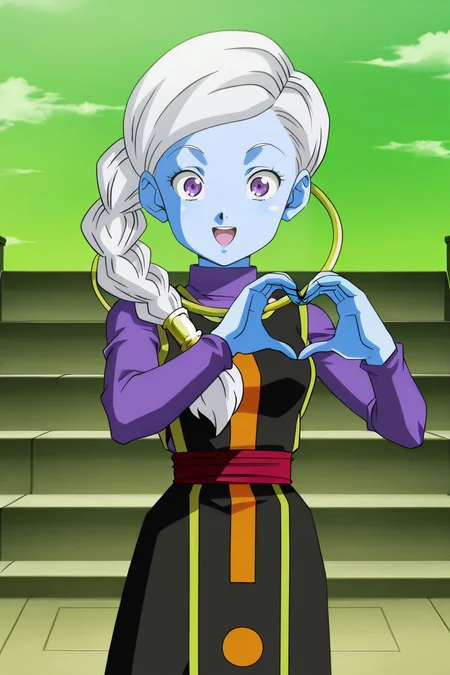 anime screencap, absurdres, high quality, official style,
kusu \(dragon ball\), 1girl, solo, braid, single braid, side ponytail, long hair, looking at viewer, smile, open mouth, stone stairs, green sky, purple eyes, white hair, :d, heart, colored skin, blue skin, heart hands, wide-eyed, black dress, cowboy shot, gold trim, neck ring, print dress, purple topwear, raised eyebrows, red sash, sleeveless dress, long sleeves, undershirt, turtleneck, dappled sunlight,
<lora:Angels_IL:0.8>