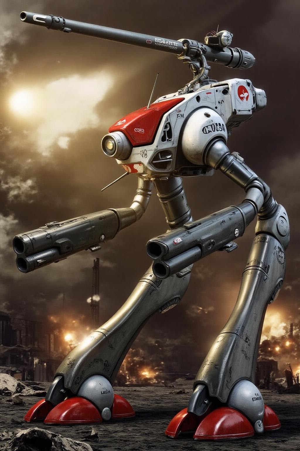 m9cha illustration
The image is a highly detailed CGI rendering of a futuristic biped combat robot, likely a mecha or combat mech, standing amidst a war-torn, apocalyptic landscape. The robot is depicted in a dynamic pose, with its left arm raised and a missile launcher firing in the top-left corner. Its body is primarily white with red accents on the feet and joints, and it has a sleek, metallic texture with visible mechanical details. The head features a sleek, angular design with a visor-like structure and a small, circular radar or sensor on the forehead. There is a cannon mounted over its head. The robot has two arms that acts as guns. <lora:macmecha1_cap_d6a3e11:1.0><lora:820687423559281941:0>
