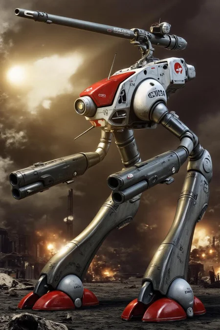 m9cha illustration
The image is a highly detailed CGI rendering of a futuristic biped combat robot, likely a mecha or combat mech, standing amidst a war-torn, apocalyptic landscape. The robot is depicted in a dynamic pose, with its left arm raised and a missile launcher firing in the top-left corner. Its body is primarily white with red accents on the feet and joints, and it has a sleek, metallic texture with visible mechanical details. The head features a sleek, angular design with a visor-like structure and a small, circular radar or sensor on the forehead. There is a cannon mounted over its head. The robot has two arms that acts as guns. <lora:macmecha1_cap_d6a3e11:1.0><lora:820687423559281941:0>