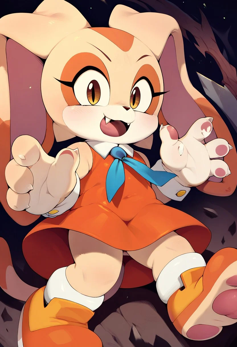 Cream The Rabbit, cute, berseepon, dress, cat girl, claws, cat ears, cat tail, fangs, pounce, attack, :3, paws, 4 fingers
score_9, score_8_up, score_7_up