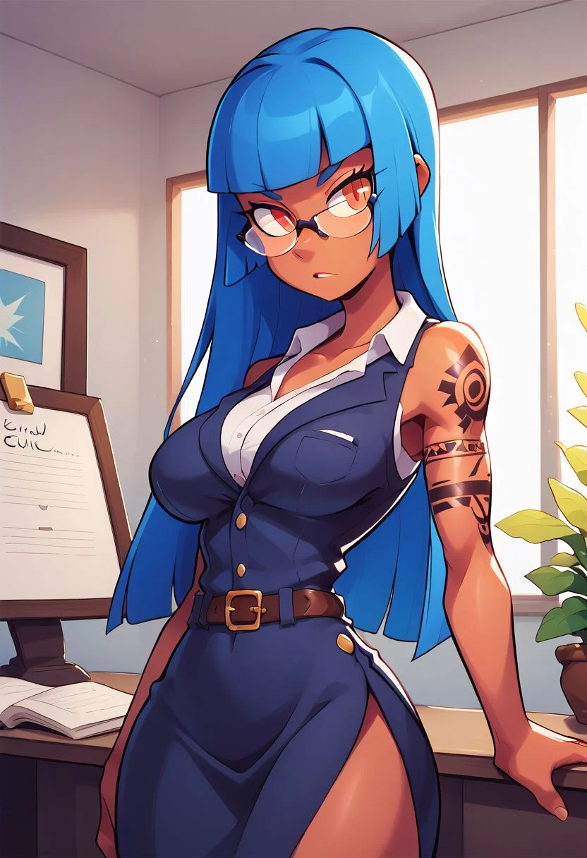 score_9, score_8_up, score_7_up, masterpiece, best quality, (highly detailed skin), (alluring eyes), (a mature female), blue hair, hime cut hair, orange eyes, large slender breasts, (side slit), reading glasses, intricate tattoos, petite body, (office), serious expression, dappled lighting, (backlighting:0.7), Expressiveh