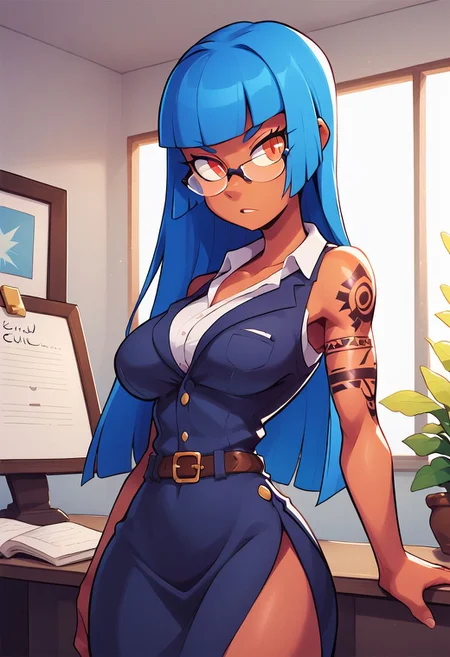 score_9, score_8_up, score_7_up, masterpiece, best quality, (highly detailed skin), (alluring eyes), (a mature female), blue hair, hime cut hair, orange eyes, large slender breasts, (side slit), reading glasses, intricate tattoos, petite body, (office), serious expression, dappled lighting, (backlighting:0.7), Expressiveh
