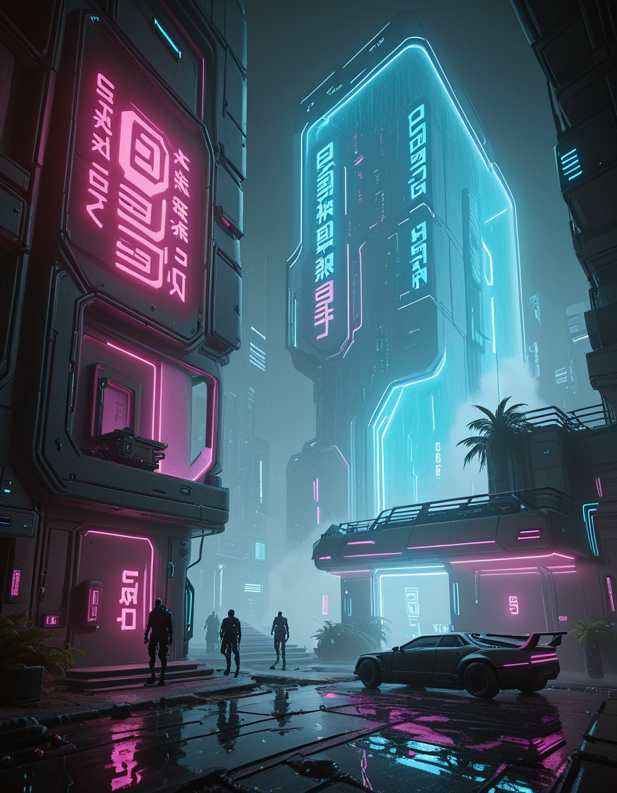 <lora:CWMinis01v2illb:1> cw01mini, cyberpunk, wall, cyberpunk car, person, cyberpunk city background, glowing kanji, glow, illuminated, mist, stairs, neons, night, reflection, wet, rain, waterfall, hologram tree