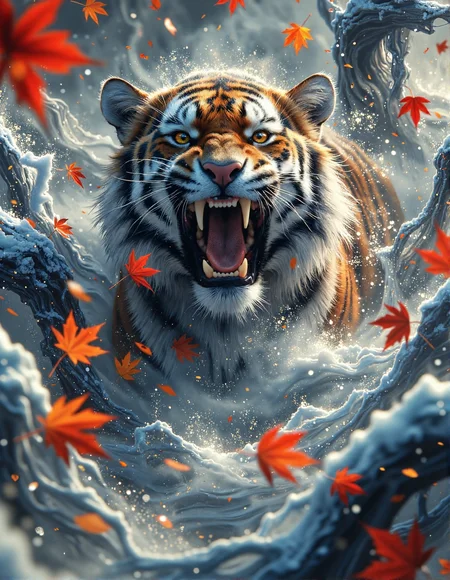 dramatic, stylized digital painting of a roaring Bengal tiger emerging from a swirling snowstorm. The tiger is the central focus, facing directly forward with a fierce, open-mouthed roar, showcasing its teeth and powerful expression. The tiger is surrounded by stylized waves of white and blue snow, resembling fluid brushstrokes and stylized clouds. Interspersed throughout the snow and around the tiger are bright red-orange maple leaves or similar foliage, adding vivid color contrast. The background is a soft, muted grey-blue, emphasizing the tiger and the swirling snow. Capture the scene in a bold, painterly style, reminiscent of traditional Asian ink wash paintings but with vibrant digital colors and textures, focusing on the tiger's powerful presence and the dynamic movement of the snow, <lora:RetroAnimeFluxV1:0.4>, <lora:FantasyWizardWitchesFluxV2-000001:0.7>, <lora:aura_v2_beta2:0.6>, <lora:anhei_first_flux_lora_v1:0.3>