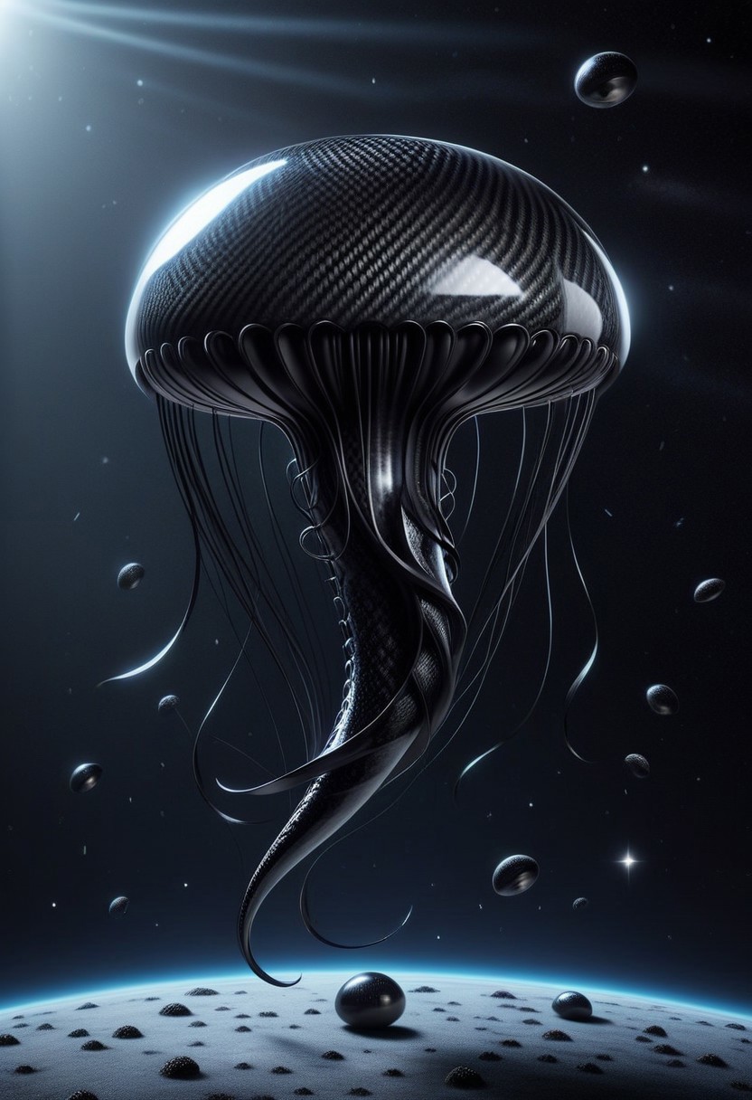 lazympos, cf_style, black jellyfish made of carbon fiber, floating in outer space, stars, dark background